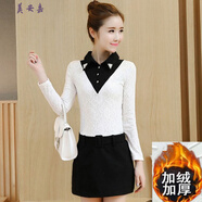 美安嘉2025秋冬新款韓版毛呢連衣裙女加絨蕾絲假兩件襯衣領(lǐng)中裙包臀裙潮 加絨加厚 黑白色 S