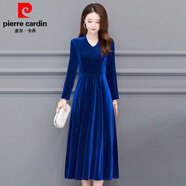 皮爾卡丹（pierre cardin）金絲絨V領(lǐng)連衣裙2025年春秋款中長(cháng)裙長(cháng)袖女士氣質(zhì)修身顯瘦大擺裙 寶藍色 XL 【建議110-120斤】