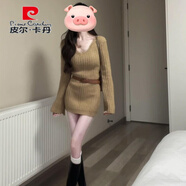 皮爾卡丹（pierre cardin）辣妹性感針織連衣裙子女早秋季2025新款大衣內搭打底毛衣包臀短裙 卡其色（不含腰帶） S 40/45kg 收藏加購優(yōu)先發(fā)貨/送運費險