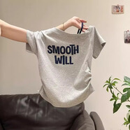 美式字母印花斜領(lǐng)露肩短袖T恤女夏新款韓系顯瘦百搭短款收腰上衣 灰色 M