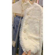 AEMAPE小香風(fēng)羊羔毛外套女2025秋冬季新款時(shí)尚韓系蕾絲珠邊仿皮草上衣 米白色 M 95110斤