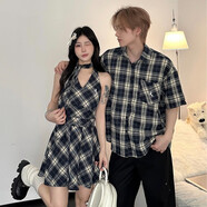 美式潮牌短袖襯衫男夏季設計感無(wú)袖V領(lǐng)格子連衣裙情侶裝一裙一衣 格子 女連衣裙+掛脖 S