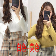 花花公子（PLAYBOY）秋冬加厚卷邊半高領(lǐng)個(gè)性坑條喇叭袖針織氣質(zhì)復(fù)古柔軟打底衫毛衣 白色+黃色 S 80---95