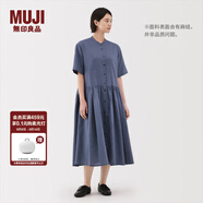 無印良品（MUJI）女式 漢麻 棉 短袖連衣裙 女裝裙子25年夏季寬松透氣長裙BC2MJC5S 煙熏藍(lán)色 L （165/88A）