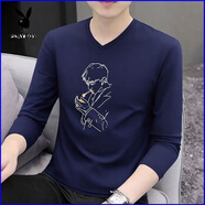 花花公子（PLAYBOY）春秋新款男士純棉長袖v領(lǐng)潮流打底男裝修身衣服體恤秋衣印花T恤衫 官方旗艦寶藍(lán)色【3528長袖】 M (100-118)