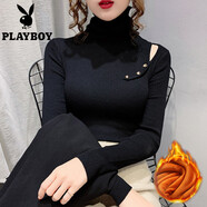 花花公子（PLAYBOY）加絨堆堆領(lǐng)毛衣女秋冬新款套頭洋氣鏤空紐扣內搭針織打底衫女上衣 黑色 加絨 S