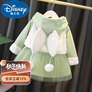 迪士尼寶寶女寶寶保暖加絨裙子秋冬季0長(zhǎng)袖1-2-3-4歲衣服女童網(wǎng)紅洋氣連衣裙 夾棉耳朵馬甲裙綠色 90 cm
