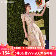 Olrain歐芮兒短袖碎花連衣裙女收腰顯瘦法式氣質(zhì)a字大擺裙度假沙灘裙子 花色 S 155/80A