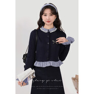 紜鴦長(cháng)袖毛衣針織開(kāi)衫女秋荷葉邊撞色拼接修身短款上衣外搭單上衣 藍色 均碼