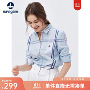 Navigare意大利小帆船女士長(cháng)袖襯衫春秋季休閑格子襯衣萊賽爾高檔寸衫 蔚藍/白 L
