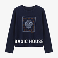 百家好（Basic House）Basic House/百家好休閑長(cháng)袖針織衫2025秋冬貝殼海星刺繡設計上衣 藏青 S