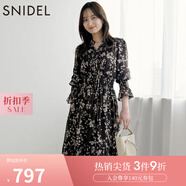 SNIDEL秋冬甜美碎花系帶收腰百褶雪紡連衣裙SWFO245033 棕色 L （2）