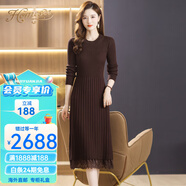 Homesee國際輕奢高檔連衣裙秋季新款女蕾絲拼接毛衣中長(cháng)款洋氣修身 咖色 2XL