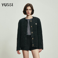 YUSSI經(jīng)典氣質(zhì)小香風(fēng)毛呢羊剪絨外套粗花呢寬肩顯瘦外套千金風(fēng)潮 深灰色 M