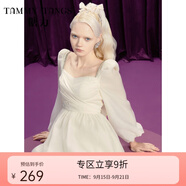 糖力在逃公主 秋新款長袖蝴蝶結綁帶輕薄歐根紗花苞連衣裙女 杏色 S