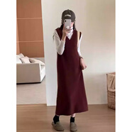 浣伊毛線連衣裙長(zhǎng)款秋冬V領(lǐng)毛衣裙女慵懶風(fēng)過膝內(nèi)搭馬甲針織背心 紅色 S