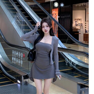 天啟世紀2025韓版吊帶裙擺顯瘦露肩裙防曬女 灰色開衫 S