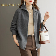 夏典素訂女王（SE.PSTP）春秋裝翻領(lǐng)毛絨衫女純色外搭針織開(kāi)衫韓版寬松毛衣外套百搭長(zhǎng)袖 灰色 優(yōu)質(zhì)原版原創(chuàng)輕奢大品牌官方旗艦 M