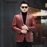 ROWILUX高端真皮小西裝男新款時(shí)尚頭層牛皮修身皮夾克外套皮衣休閑西服 紅色 S 165 46