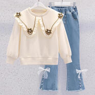 【奧萊清倉】女童衛衣套裝春秋裝2025新款娃娃領(lǐng)兒童牛仔喇叭褲子 4朵花上衣+牛仔褲 110 cm