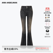 ANN ANDELMAN【明星同款】復(fù)古高腰做舊闊腳褲修身微喇長褲喇叭牛仔褲 黑色 27