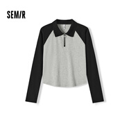 森馬（Semir）POLO衫女短款拼色插肩袖修身上衣小個子秋顯瘦套頭衫101524115003