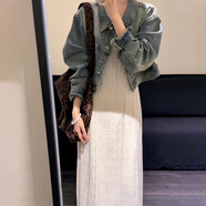 早秋季新款韓系松弛感穿搭復古牛仔外套搭配蕾絲吊帶連衣裙套裝女 吊帶連衣裙【單件】 M (建議80-100斤)