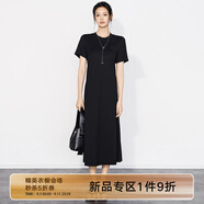 美洋（MEIYANG）巴黎夜曲連衣裙女 颯柔兼?zhèn)浜喖s時尚短袖長款刺繡T恤裙長款連衣裙 黑色(圓領) M