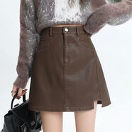 啄木鳥(niǎo)（清倉）咖色皮裙半身裙2026秋冬高腰a字辣妹pu皮開(kāi)叉包臀短裙 咖色 M 27(建議90-105斤左右)