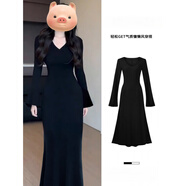 園翌黑色喇叭袖v領(lǐng)宴會(huì )裙女秋冬季穿搭大衣內搭裙后媽子 黑色v領(lǐng)收腰連衣裙 S