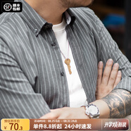 馬登工裝美式復古磨毛豎條紋襯衫翻領(lǐng)休閑長(cháng)袖上衣男修身薄襯衣外套 錫灰色 L