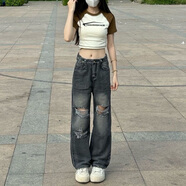 Jret直筒褲子女新款復(fù)古破洞牛仔褲女寬松顯瘦高腰闊腿褲拖地長褲潮 黑灰色 破洞牛仔褲 XS 70-80斤