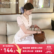 西遇掐腰a字連衣裙女2025年夏季新款蕾絲翻領(lǐng)法式白色短袖長裙 白色 XL (170)