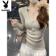 花花公子（PLAYBOY）新款網(wǎng)紅甜辣風(fēng)深V純欲針織衫上衣女秋冬紐扣半開(kāi)領(lǐng)緊身毛衣打底 燕麥色-旗艦款 S