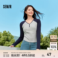 森馬（Semir）【云柔親膚】長(cháng)袖t恤女短款V領(lǐng)修身上衣24年新款插肩袖休閑薄外套 灰色調00322 M