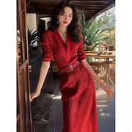 小紅書同款歐洲站紅色針織長款裙子2025秋冬新款御姐感收腰打底連 紅色 M