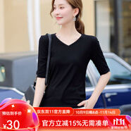 梵奧格（FANAOGE）V領(lǐng)打底衫女春秋裝莫代爾中袖t恤修身內(nèi)搭五分袖百搭t恤上衣 黑色 2XL 123-135斤