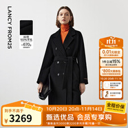 朗姿【王楚然同款】朗姿純羊毛法式通勤大衣系帶修身毛呢外套冬季 黑色 S
