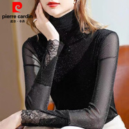 皮爾卡丹（pierre cardin）歐洲站打底衫女網(wǎng)紗洋氣t恤2025年春秋新款氣質(zhì)高領(lǐng)蕾絲亮絲上衣 黑色 3XL 140-155斤