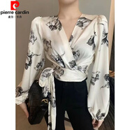 皮爾卡丹雪紡衫氣質(zhì)通勤別致交叉綁帶V領(lǐng)長(cháng)袖襯衫2025春季新款上衣女ins潮 白色 M 95斤內