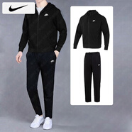 耐克（NIKE）運動套裝男子兩件套 跑步健身訓練外套夾克簡約時尚帥氣 休閑長褲 針織套裝/連帽外套黑拉鏈+直筒長褲 L/175