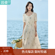 茵曼（INMAN）文藝連衣裙2025夏季女裝新款花邊桃心領(lǐng)收腰泡泡袖長(zhǎng)裙 悠蘭杏 M