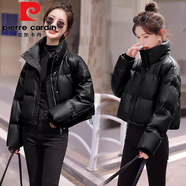 皮爾卡丹（pierre cardin）2025新款免洗pu皮羽絨服女短款冬季加厚面包服小個(gè)子歐美外套女裝 黑色 S 建議80-100斤