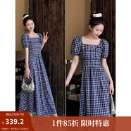 茵曼（INMAN）章若楠同款法式方領格紋連衣裙2025夏季新品女裝泡泡袖裙子 藏青 L