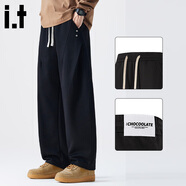 :CHOCOOLATEit美式高街休閑褲男冬季新款拼接鉚釘寬松直筒褲 黑色 2XL