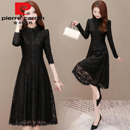 皮爾卡丹（pierre cardin）胖m妹大尺碼加厚絨蕾絲連衣裙冬款長(cháng)裙遮肚顯瘦防寒保暖小個(gè)子打 227黑色蕾絲花邊(春夏薄款)今年流行的輕奢品牌 L 建議90-112斤