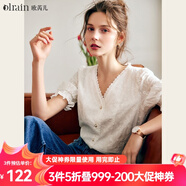 Olrain歐芮兒白色V領(lǐng)短袖襯衫女夏季寬松泡泡袖重工刺繡蕾絲衫襯衣女 白色 S
