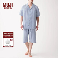無(wú)印良品（MUJI）男式 無(wú)側縫泡泡紗短袖睡衣男士家居服套裝男款夏季純棉全棉 藍色條紋 M
