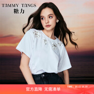 糖力【商場(chǎng)同款】夏新款水晶釘珠重磅棉T恤女短袖打底衫上衣 白色 L