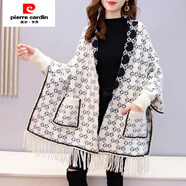 皮爾卡丹（pierre cardin）秋冬新針織衫寬松中長(cháng)款流蘇披肩帶袖披風(fēng)口袋開(kāi)衫女士斗篷 白色 均碼